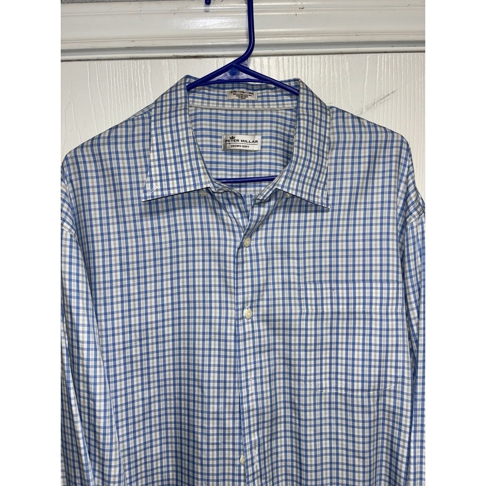 Peter Millar Crown Soft Men's Plaid Button Down Shirt Blue‎ White XXL